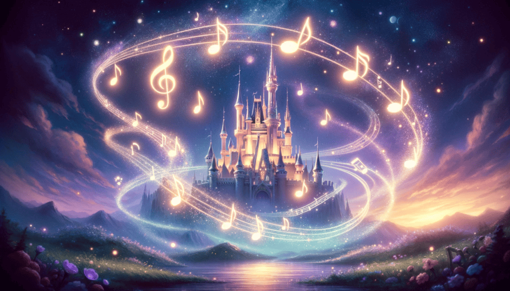 A fantastical scene with glowing musical notes and a fairytale castle, representing the theme '7 Magical Melodies from Disney's Wish.'
