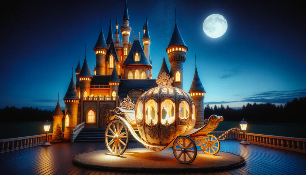A magical carriage parked outside a majestic, warmly lit castle under a starry sky, embodying the charm of a fairy tale.