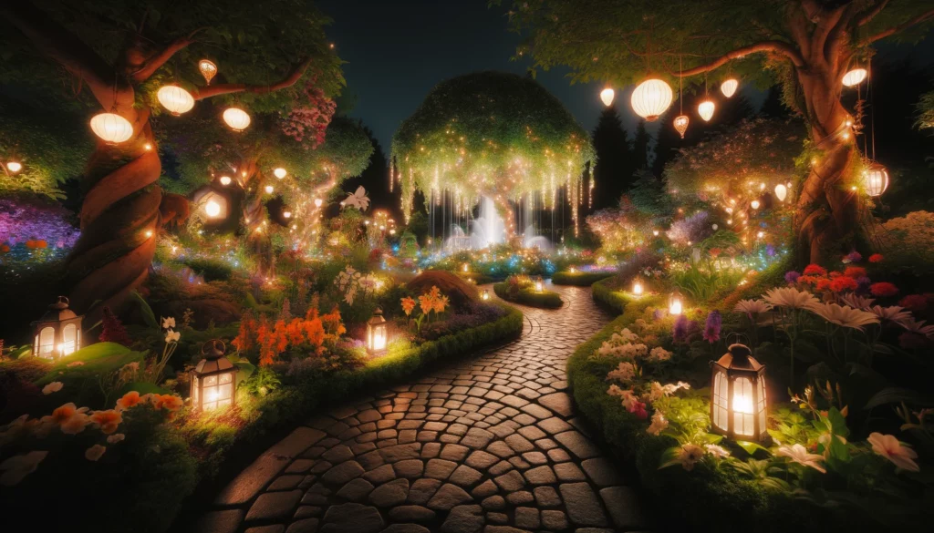 A whimsical garden illuminated by glowing lanterns at night, featuring a cobblestone pathway, lush flowers, and a sparkling fountain.
