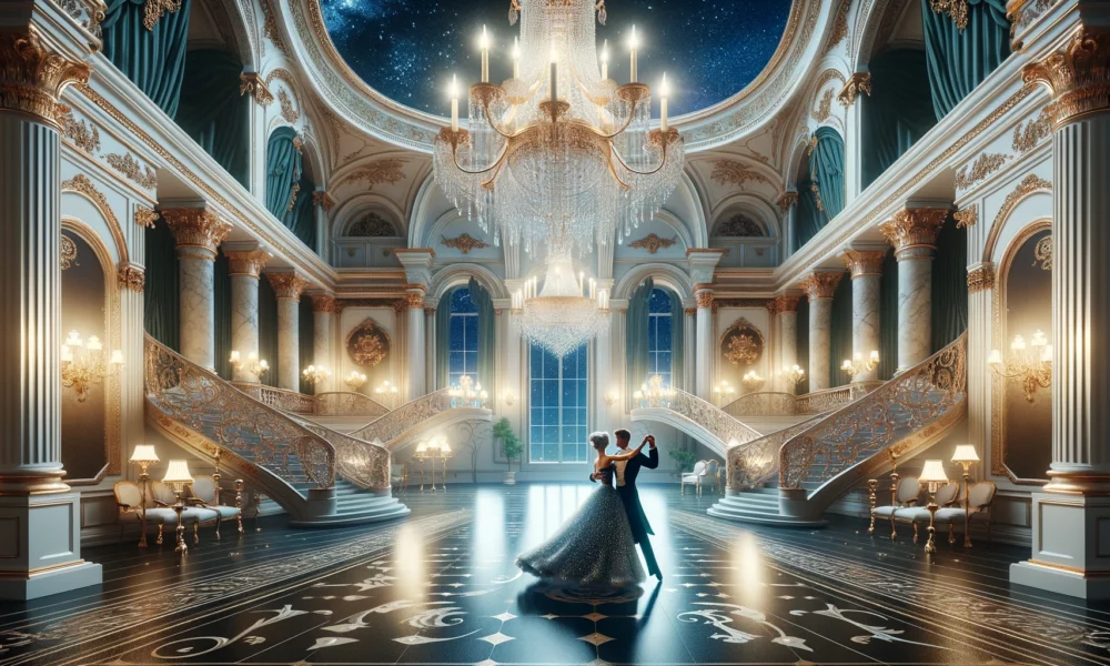 A grand ballroom scene with a couple dancing gracefully in the center, surrounded by elegant decor and a starry night visible through large windows.