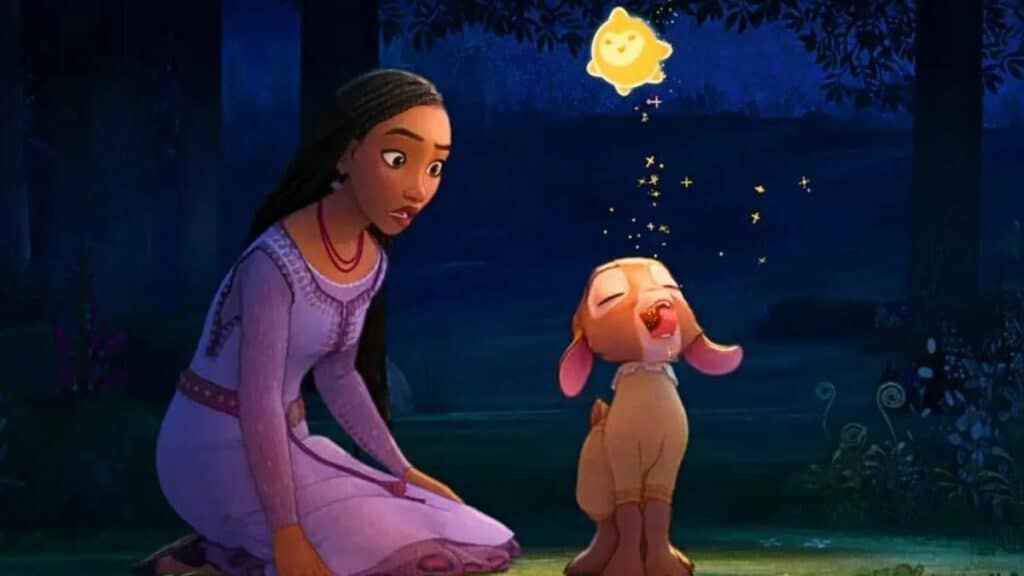 Asha, Valentino, and Star in a forest scene from Disney's Wish